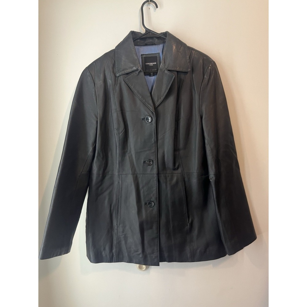 Colebrook And‎ Co Womens Sz L Black Leather Jacket Button Front Coat